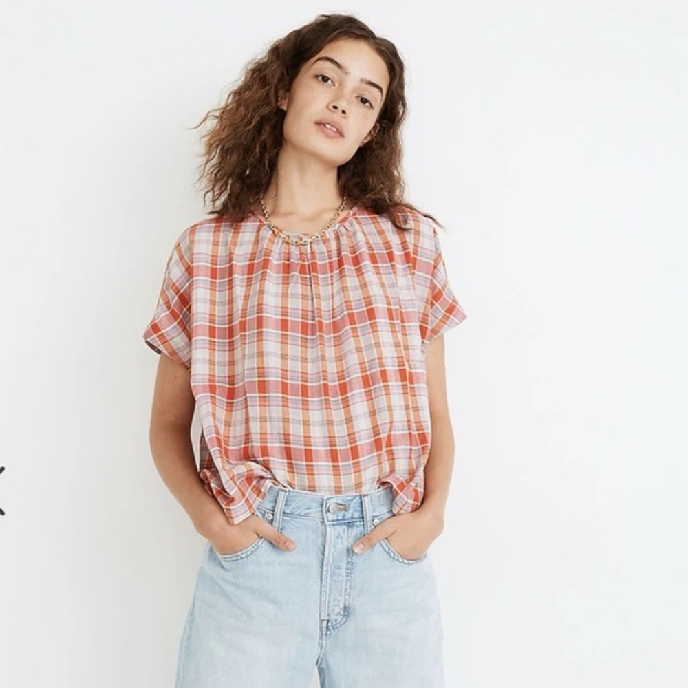 Madewell Orange White Plaid Shirred Cotton Blouse Size XS Oversized Boxy‎ EUC